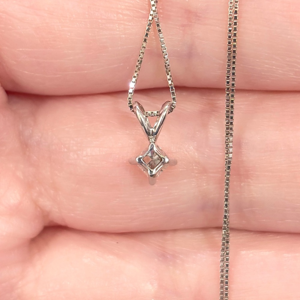Vintage 14K White Gold Diamond Solitaire Necklace: Princess Cut Dainty Pendant - Picture 8 of 11